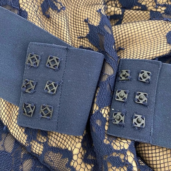 TADASHI SHOJI Navy Blue and Beige Scallop Lace Belted Dress - Picture 4 of 7